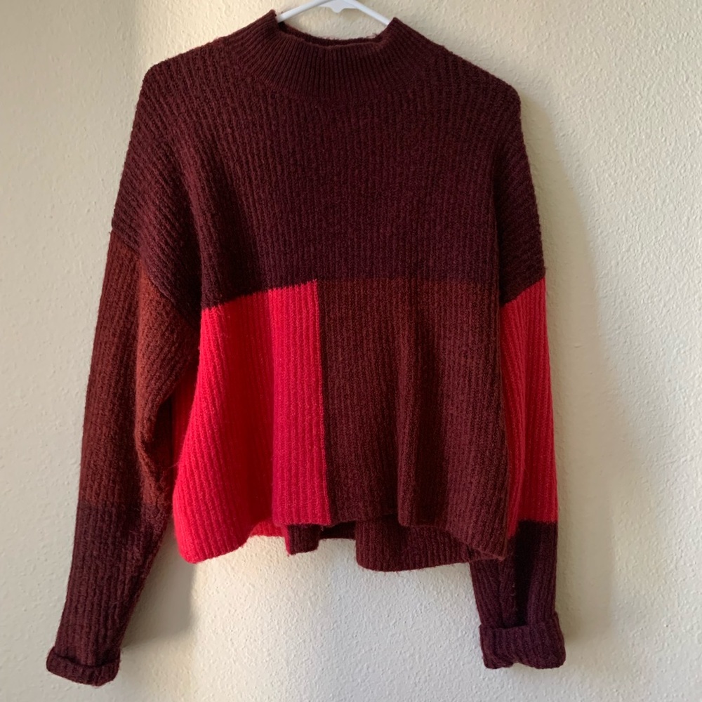 Color block sweater with mock neck collar